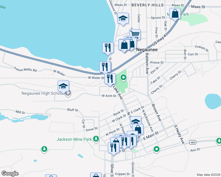 map of restaurants, bars, coffee shops, grocery stores, and more near 212 W Arch St in Negaunee
