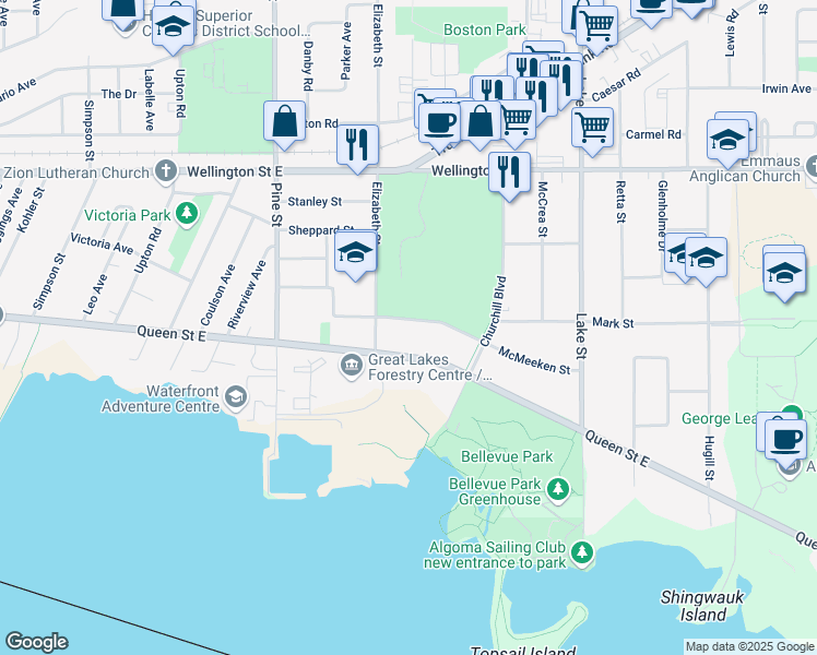 map of restaurants, bars, coffee shops, grocery stores, and more near 111 McMeeken Street in Sault Ste. Marie