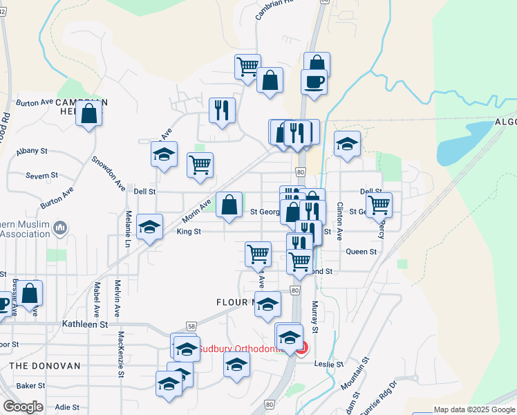 map of restaurants, bars, coffee shops, grocery stores, and more near in Greater Sudbury