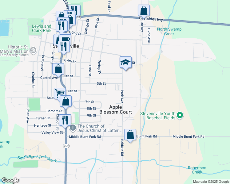 map of restaurants, bars, coffee shops, grocery stores, and more near 409 Park Avenue in Stevensville