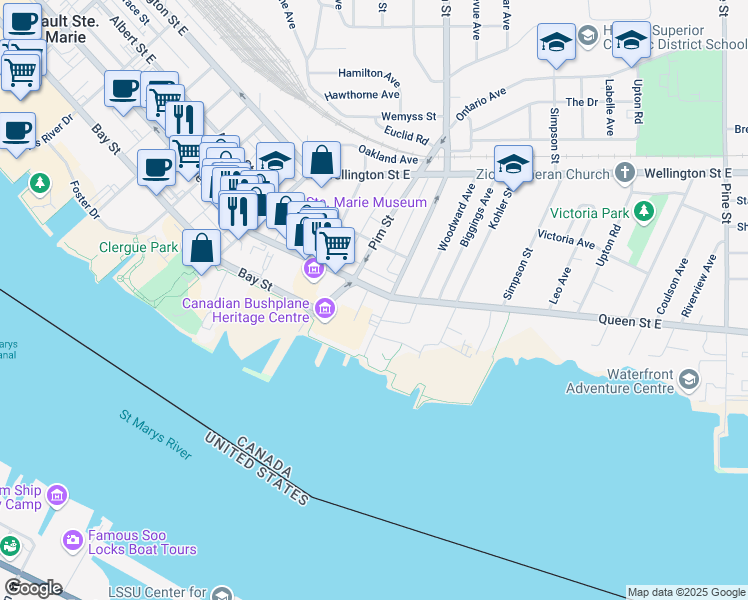 map of restaurants, bars, coffee shops, grocery stores, and more near 882 Queen Street East in Sault Ste. Marie