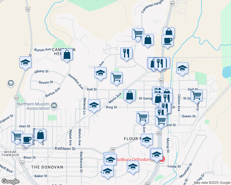 map of restaurants, bars, coffee shops, grocery stores, and more near 107 Dell Street in Greater Sudbury