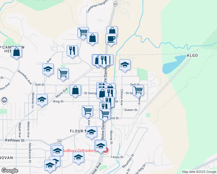 map of restaurants, bars, coffee shops, grocery stores, and more near 570 Notre Dame Avenue in Greater Sudbury