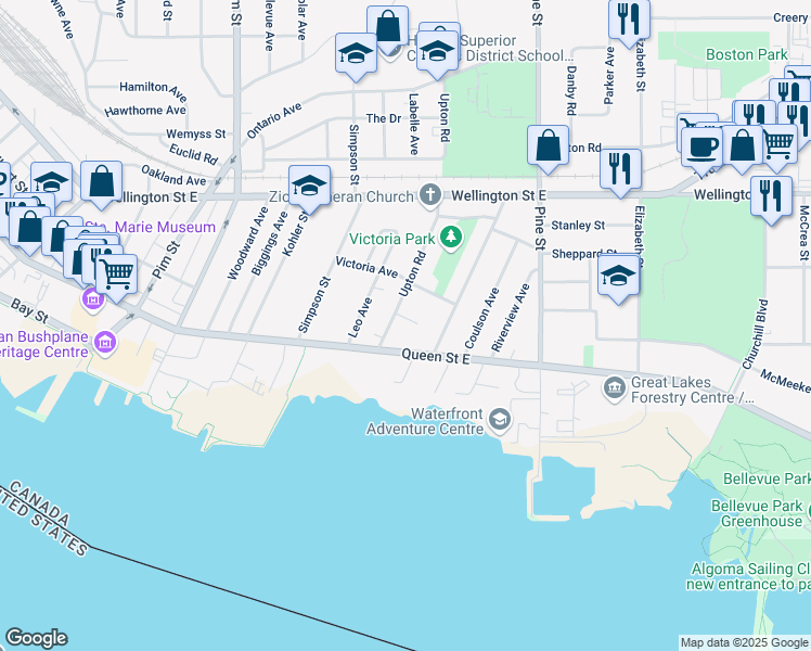 map of restaurants, bars, coffee shops, grocery stores, and more near in Sault Ste. Marie