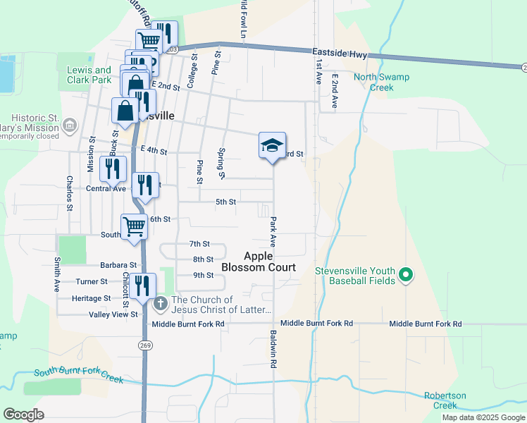 map of restaurants, bars, coffee shops, grocery stores, and more near 409 Park Avenue in Stevensville