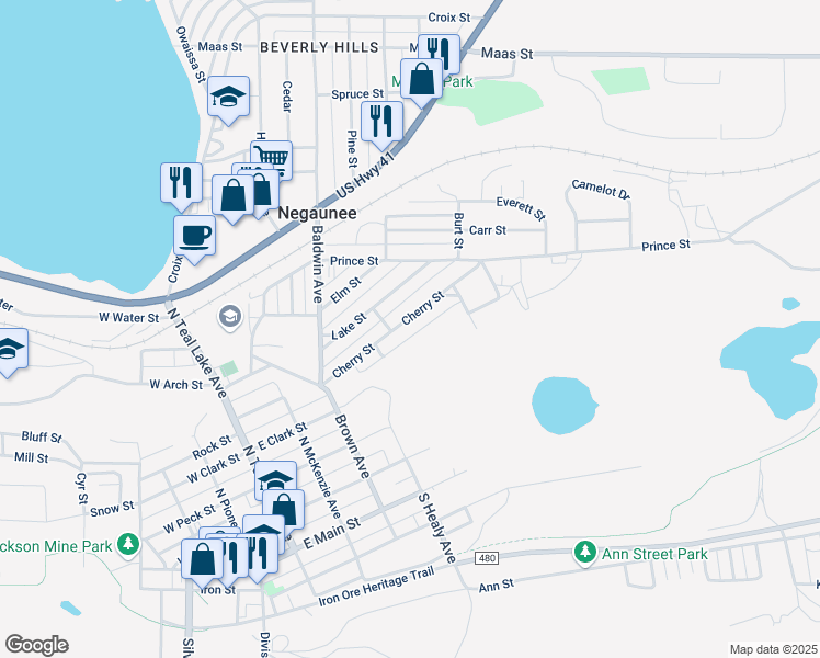 map of restaurants, bars, coffee shops, grocery stores, and more near 500-546 Cherry Street in Negaunee