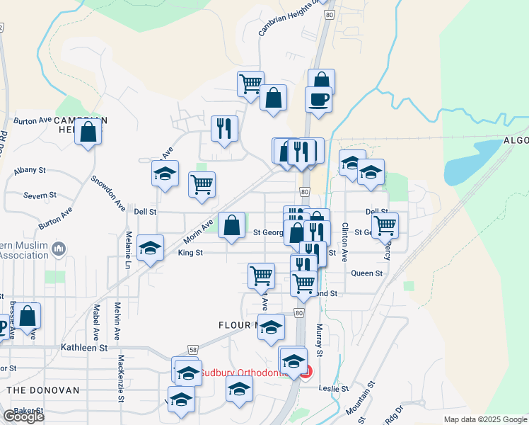 map of restaurants, bars, coffee shops, grocery stores, and more near Dell Street in Sudbury