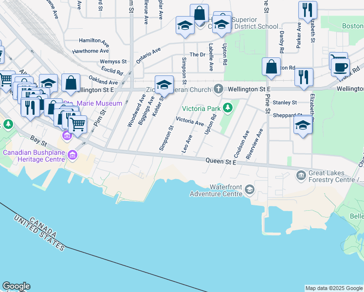 map of restaurants, bars, coffee shops, grocery stores, and more near 119 Leo Avenue in Sault Ste. Marie