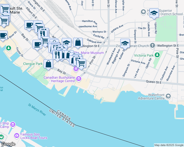 map of restaurants, bars, coffee shops, grocery stores, and more near 882 Queen Street East in Sault Ste. Marie