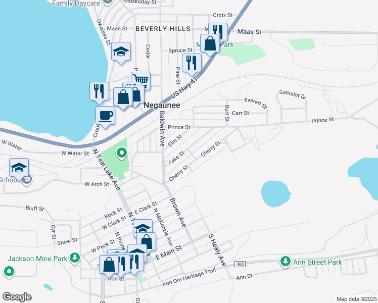 map of restaurants, bars, coffee shops, grocery stores, and more near 610 Lake Street in Negaunee