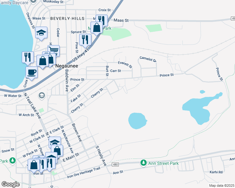 map of restaurants, bars, coffee shops, grocery stores, and more near 412 Grand Avenue in Negaunee