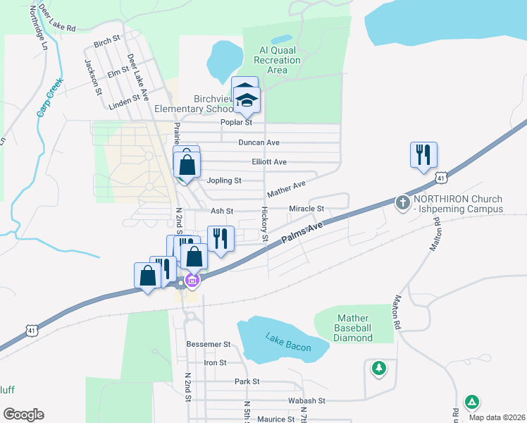 map of restaurants, bars, coffee shops, grocery stores, and more near 1487 Hickory Street in Ishpeming Township