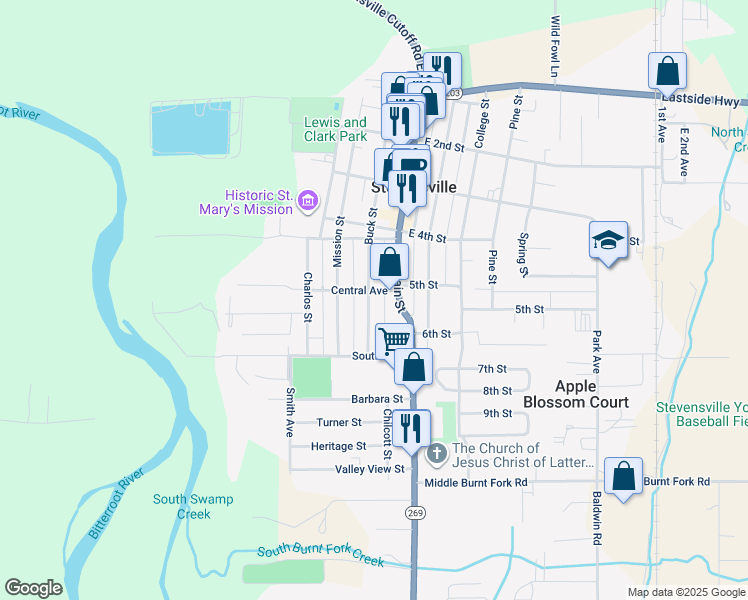 map of restaurants, bars, coffee shops, grocery stores, and more near 502 Buck Street in Stevensville