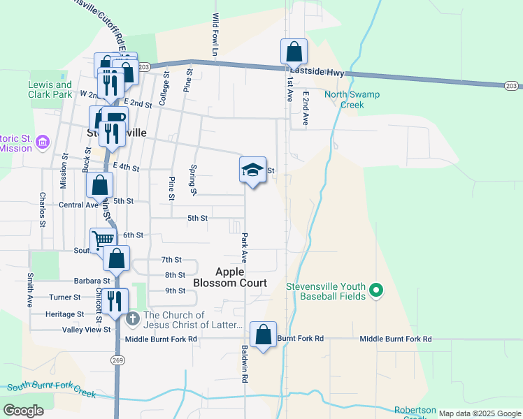 map of restaurants, bars, coffee shops, grocery stores, and more near 300 Park Avenue in Stevensville