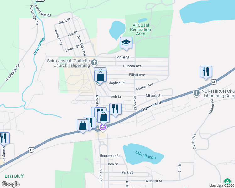 map of restaurants, bars, coffee shops, grocery stores, and more near Miracle St in Ishpeming Township