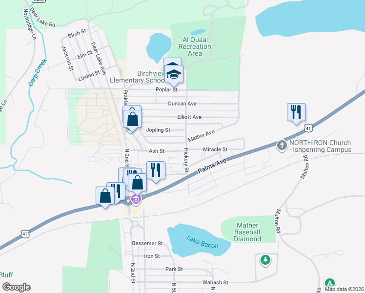 map of restaurants, bars, coffee shops, grocery stores, and more near 1445-1487 Hickory Street in Ishpeming Township