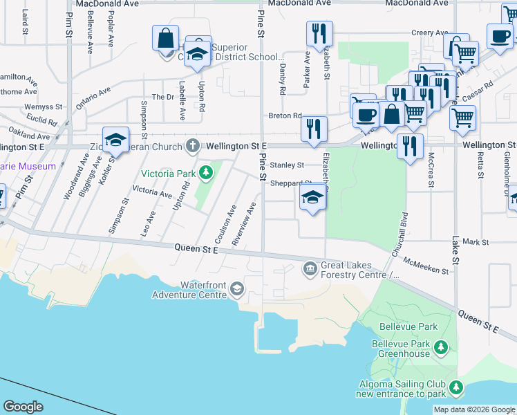 map of restaurants, bars, coffee shops, grocery stores, and more near 149 Pine Street in Sault Ste. Marie