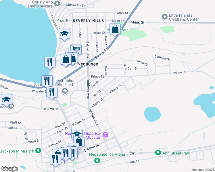 map of restaurants, bars, coffee shops, grocery stores, and more near 500-598 Elm Street in Negaunee