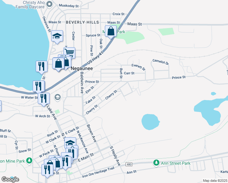 map of restaurants, bars, coffee shops, grocery stores, and more near 546 Cherry St in Negaunee