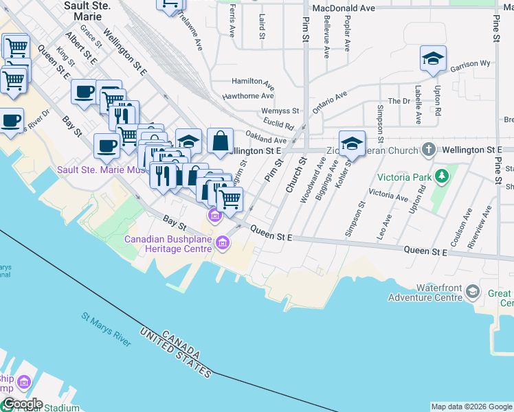 map of restaurants, bars, coffee shops, grocery stores, and more near 110 Pim Street in Sault Ste. Marie