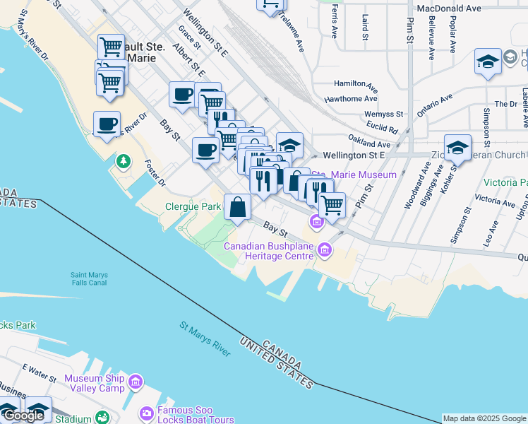 map of restaurants, bars, coffee shops, grocery stores, and more near in Sault Ste. Marie