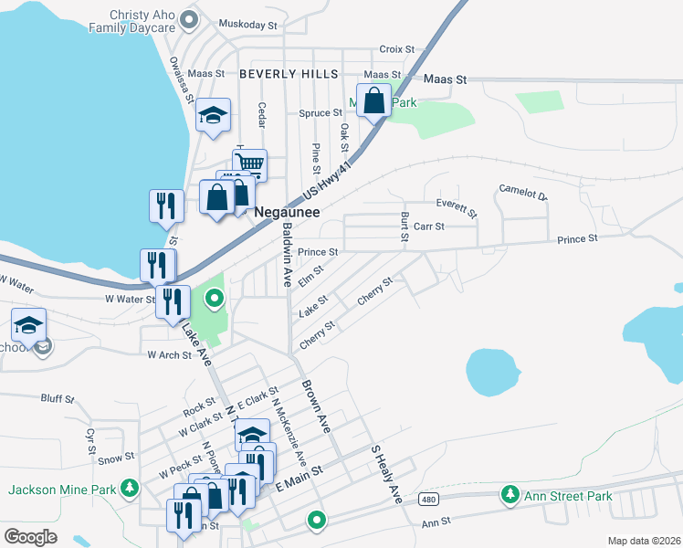 map of restaurants, bars, coffee shops, grocery stores, and more near 500-598 Elm Street in Negaunee