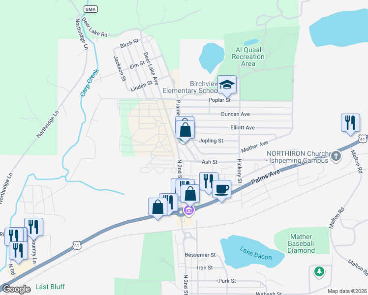 map of restaurants, bars, coffee shops, grocery stores, and more near 1790 Ash Street in Ishpeming