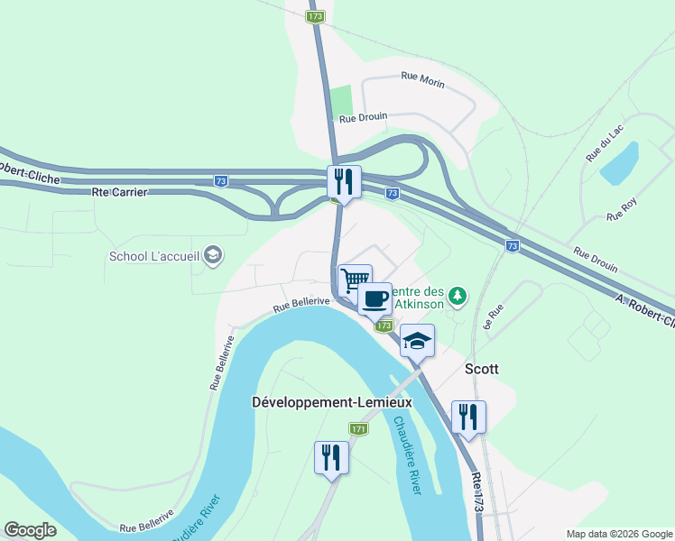 map of restaurants, bars, coffee shops, grocery stores, and more near 1178 Route du Président-Kennedy in Scott