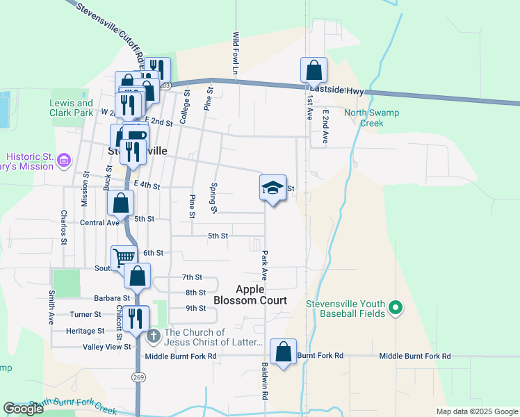 map of restaurants, bars, coffee shops, grocery stores, and more near 215 Park Avenue in Stevensville