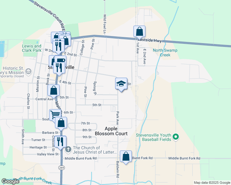 map of restaurants, bars, coffee shops, grocery stores, and more near 215 Park Avenue in Stevensville