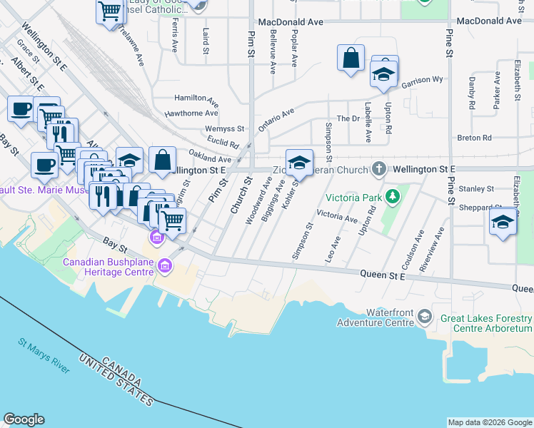 map of restaurants, bars, coffee shops, grocery stores, and more near Biggings Avenue in Sault Ste. Marie