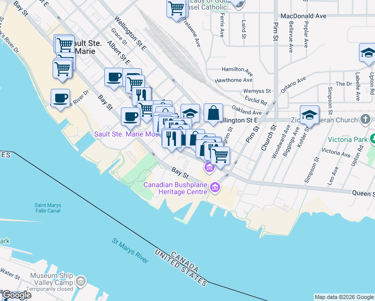 map of restaurants, bars, coffee shops, grocery stores, and more near 736 Queen Street East in Sault Ste. Marie
