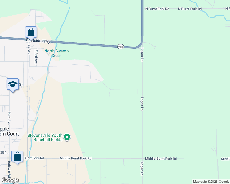 map of restaurants, bars, coffee shops, grocery stores, and more near 1509 Creekside Drive in Stevensville