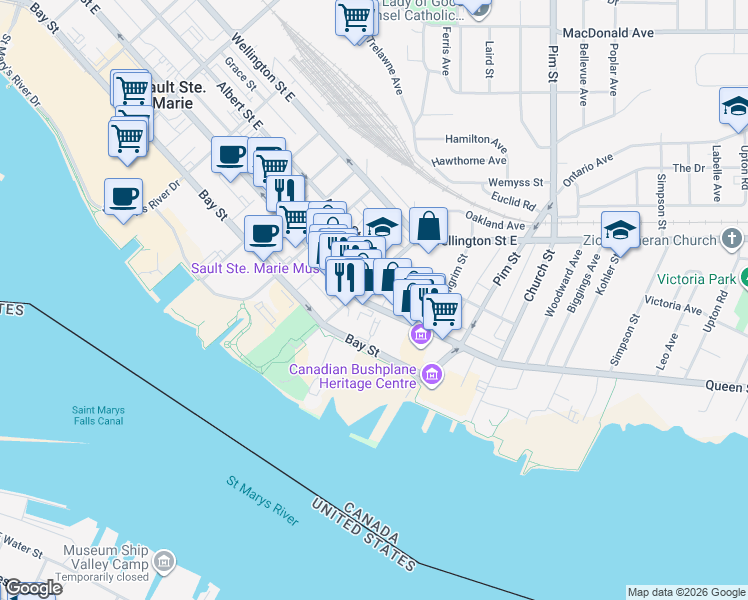 map of restaurants, bars, coffee shops, grocery stores, and more near 736 Queen Street East in Sault Ste. Marie