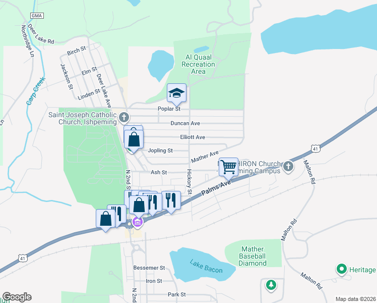 map of restaurants, bars, coffee shops, grocery stores, and more near Hickory Street in Ishpeming