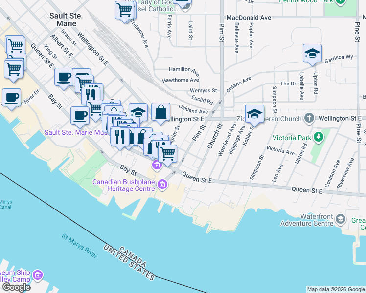 map of restaurants, bars, coffee shops, grocery stores, and more near 36 Herrick Street in Sault Ste. Marie