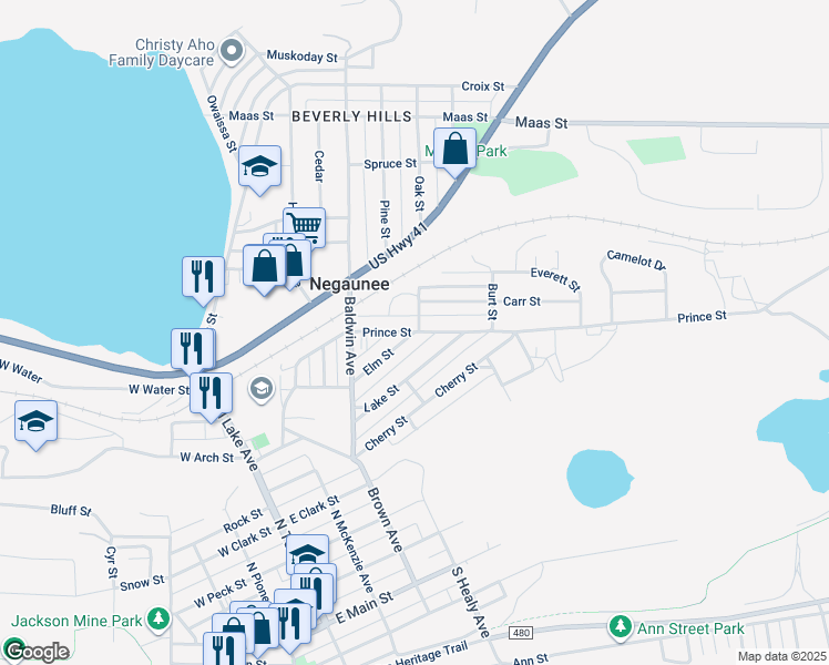 map of restaurants, bars, coffee shops, grocery stores, and more near 500 Elm Street in Negaunee