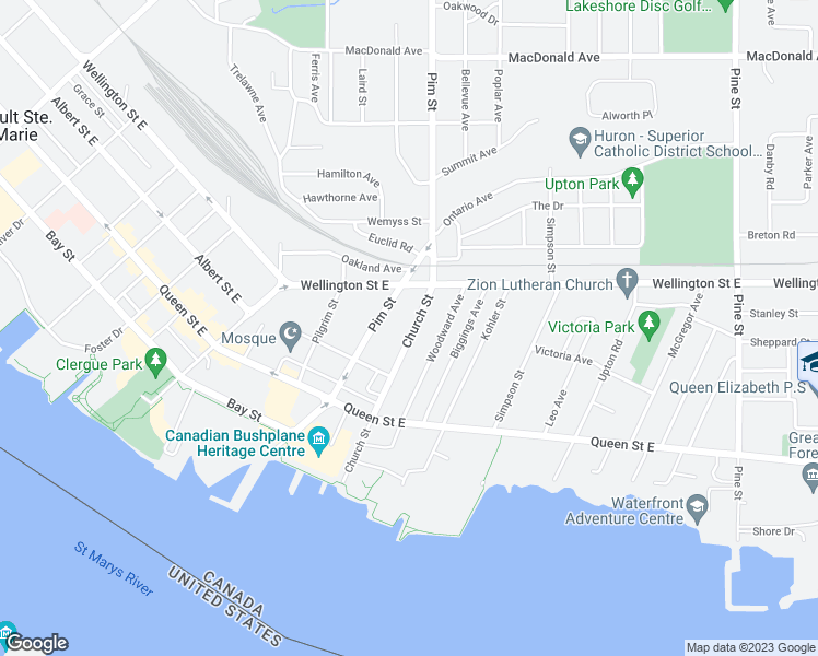 map of restaurants, bars, coffee shops, grocery stores, and more near 167 Church Street in Sault Ste. Marie
