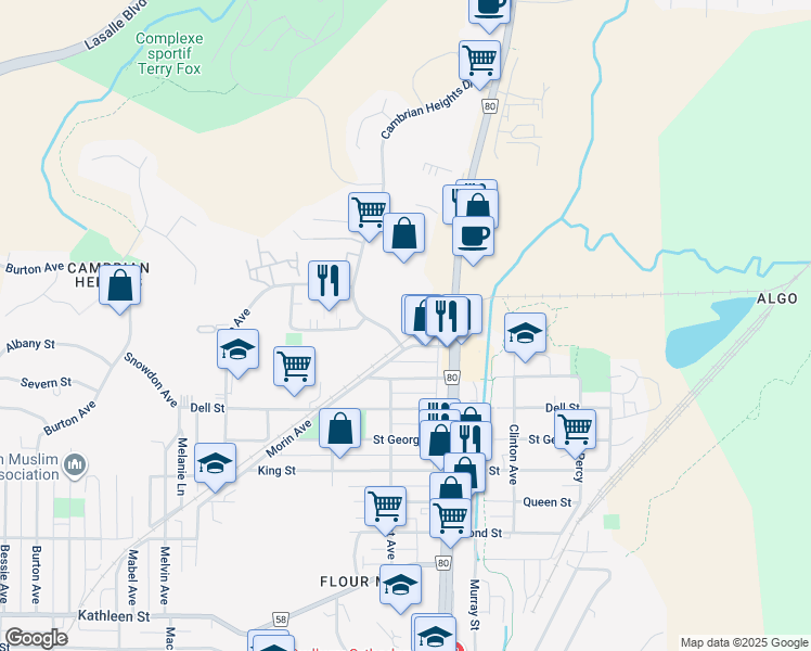 map of restaurants, bars, coffee shops, grocery stores, and more near 700 Cambrian Heights Drive in Greater Sudbury