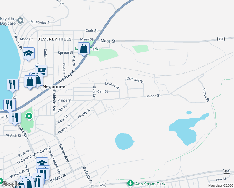 map of restaurants, bars, coffee shops, grocery stores, and more near 700-738 Everett Street in Negaunee