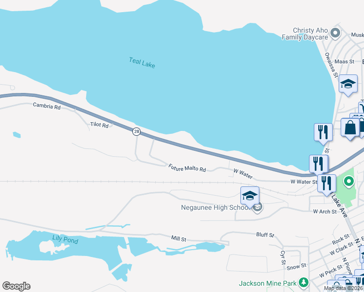 map of restaurants, bars, coffee shops, grocery stores, and more near Michigan 28 in Negaunee