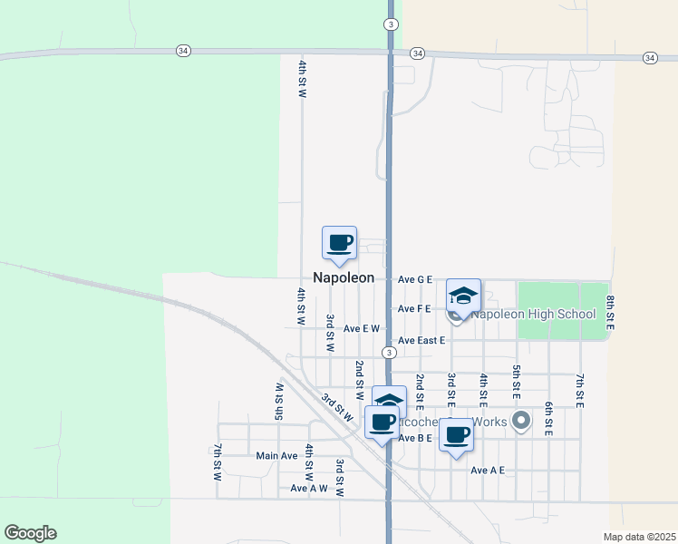 map of restaurants, bars, coffee shops, grocery stores, and more near 310 Avenue G West in Napoleon