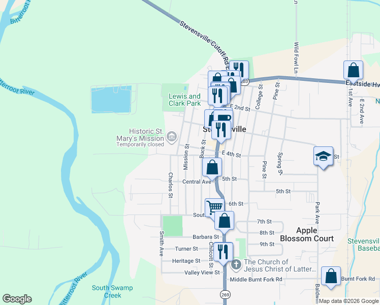 map of restaurants, bars, coffee shops, grocery stores, and more near 200-298 W 4th St in Stevensville