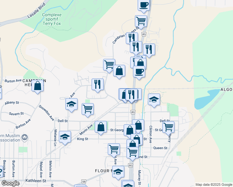 map of restaurants, bars, coffee shops, grocery stores, and more near 700 E Cambrian Heights Drive in Greater Sudbury