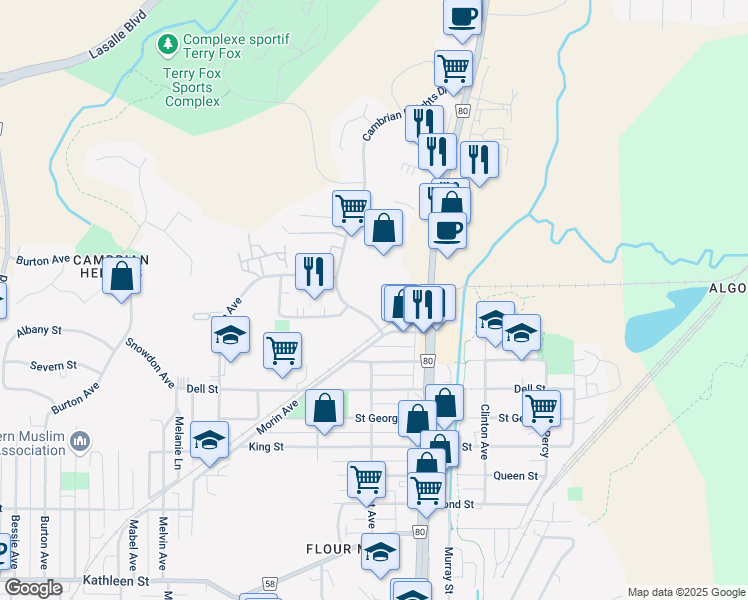 map of restaurants, bars, coffee shops, grocery stores, and more near 700 E Cambrian Heights Drive in Greater Sudbury