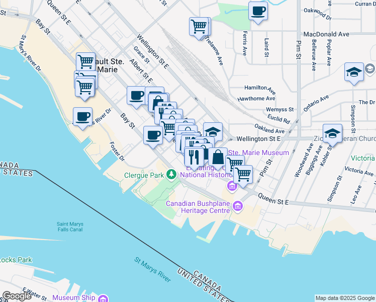 map of restaurants, bars, coffee shops, grocery stores, and more near in Sault Ste. Marie