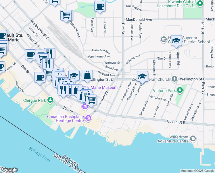 map of restaurants, bars, coffee shops, grocery stores, and more near 165 Pim Street in Sault Ste. Marie