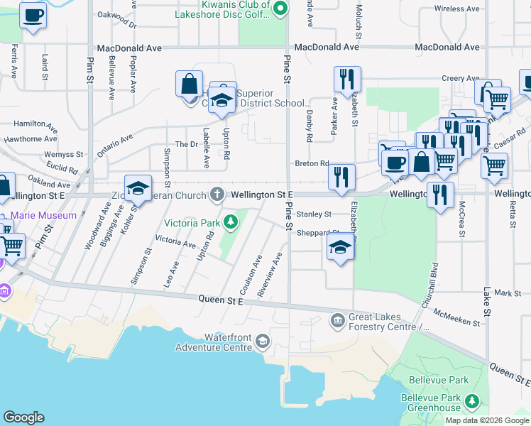 map of restaurants, bars, coffee shops, grocery stores, and more near 304 McGregor Avenue in Sault Ste. Marie