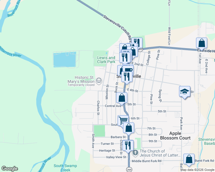 map of restaurants, bars, coffee shops, grocery stores, and more near 298 W 4th St in Stevensville