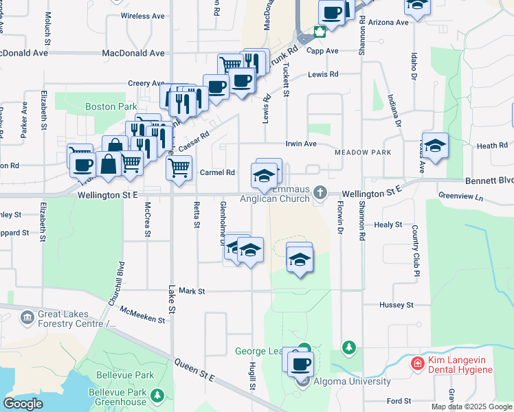 map of restaurants, bars, coffee shops, grocery stores, and more near 224 Hugill Street in Sault Ste. Marie